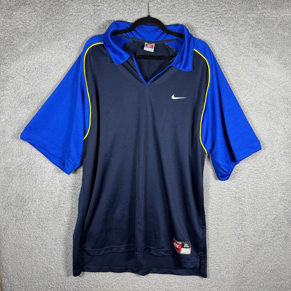 Vintage Nike Team Sports Men XL V-Neck Polo Shirt Navy Blue Colorblock Y2K 2000s